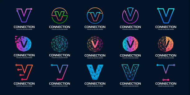 set of creative letter V Modern Digital Technology Logo Design. The logo can be used for technology, digital, connection, electric company. set of creative letter V Modern Digital Technology Logo Design. The logo can be used for technology, digital, connection, electric company. letter v stock illustrations