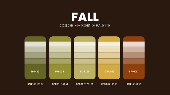 Fall season color theme palettes or color schemes are trends combinations and palette guides this year, a table color shades in RGB or HEX. A color swatch for a spring fashion, home, or interior design.