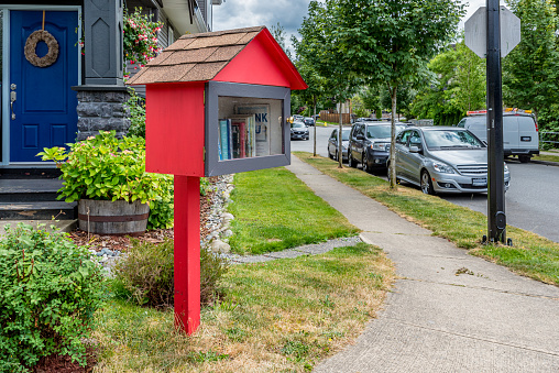 Maple Ridge, BC- July 16, 2022:  Small community take and leave library in Maple Ridge, BC