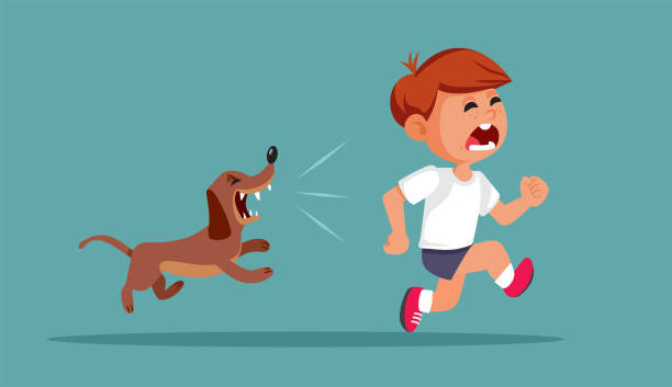 Barking Dog Running After Scared Boy Vector Cartoon Illustration Stray dog chasing a child in an aggressive attack aggression illustrations stock illustrations
