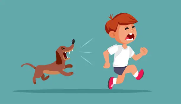 Vector illustration of Barking Dog Running After Scared Boy Vector Cartoon Illustration