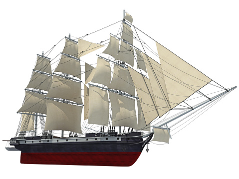 Old wooden tall sailing ship flying the pirate flag. 3D illustration isolated on white background.