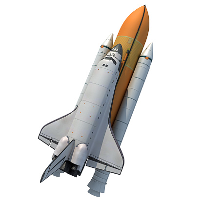 Space shuttle with carrier rockets isolated on white.