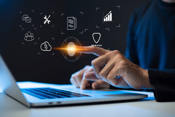 istock Person touching virtual screen to scan fingerprints, digital transformation management concept. Internet of Things, Big Data and Business Processes, Automation, Storage Systems, Cloud Computing 1414141844