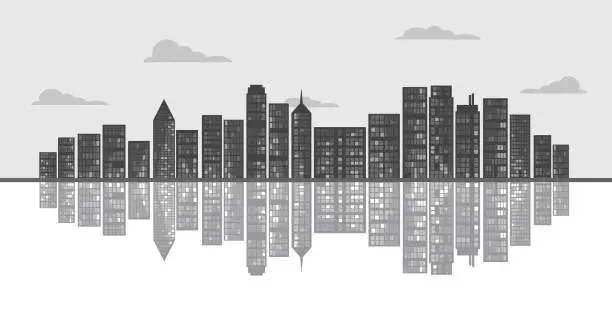 Vector illustration of City panorama black and white with reflection. Silhouettes of houses and skyscrapers with lights in the windows and clouds, flat style vector illustration, banner