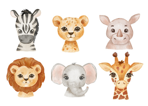 Cute portraits cheetah, giraffe, elephant and zebra in cartoon style. Drawing african baby wild cat face isolated on white background. Jungle animal