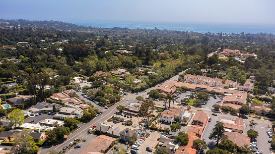 Daytime aerial view of downtown Montecito, California, USA.