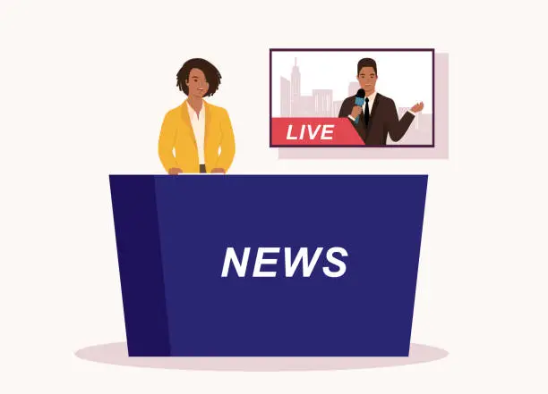 Vector illustration of Black Female News Anchor Reporting With A Male Journalist On TV Screen.