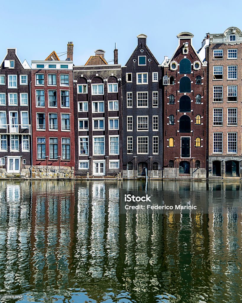 Amsterdam's dancing houses reflecting in the river Amsterdam's dancing houses reflecting in the river in Netherlands Amsterdam Stock Photo