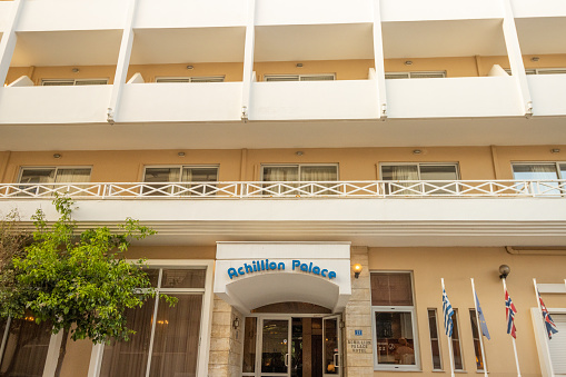 Achillion Palace Hotel at Rethymnon Town on Crete, Greece. This is a commercial business.