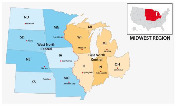 ilustraciones, imágenes clip art, dibujos animados e iconos de stock de mapa vectorial administrativo de la región censal del medio oeste de los estados unidos - kansas map design state