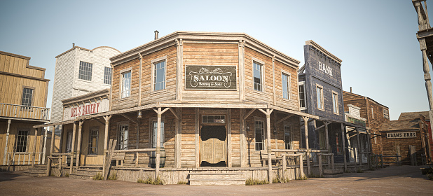 3D illustration rendering of an empty street in an old wild west town with wooden buildings.