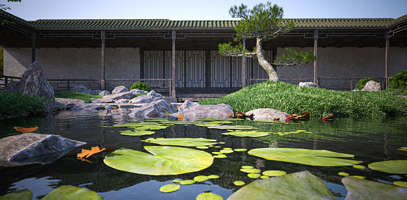 3D illustration rendering. Beautiful calm scene in spring Japanese garden