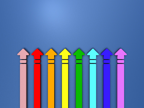 Eight colorful arrows rising side by side. An abstract concept reminiscent of the LBBTQ symbol and the rainbow flag. cool blue background. 3D rendering.