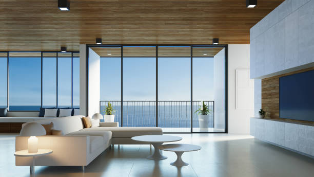 럭셔리 현대 해변가와 호텔 바다 전망 - 3d 렌더링 - luxury apartment 뉴스 사진 이미지