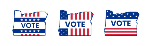 US, USA, american election, voting sign. 2022 midterm election. Set of 2022 midterm vote sticker. Oregon state map with vote word. US state map. Oregon silhouette with stars and stripes of american flag. Vector illustration oregon state university stock illustrations