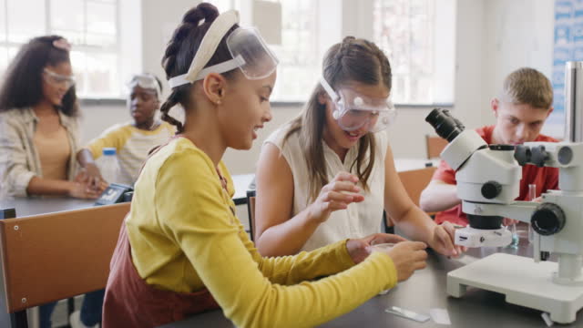 Science experiment, assignment or exam being done by children, students and friends in a classroom at school. Group of kids doing a test, scientific task or project in a physics class together