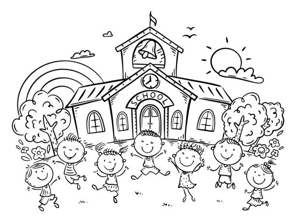 Line drawing of happy kids in front of school building, back to school clipart Line drawing of happy kids in front of school building, back to school illustration clipart recess cartoon stock illustrations