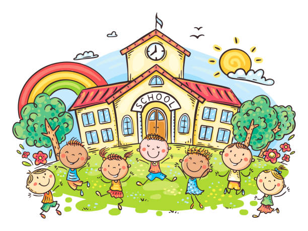 Happy cartoon children playing in front of school building, back to school clipart Happy cartoon children playing in front of school building, back to school colorfull clipart recess cartoon stock illustrations