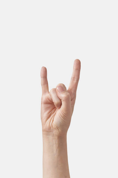 Female hand rock gesture isolated on white Female wrist hand showing rock sign on white background. Sign language gesture and people concept. rocker nails stock pictures, royalty-free photos & images