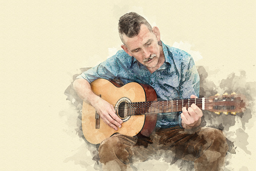 man in his 50s playing guitar in watercolor style