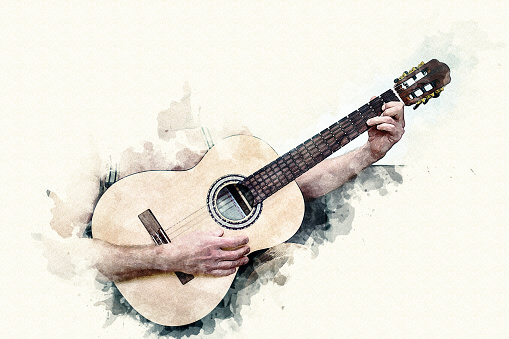 man playing the guitar in watercolor style