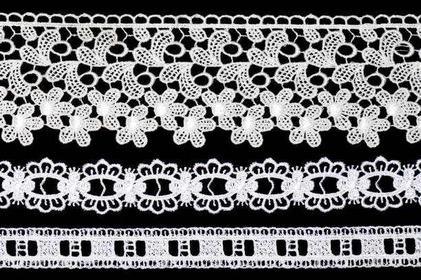 istock Set white laces with flowers isolated on black background horizontally 1414176213