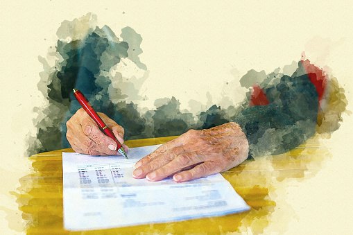 close-up of an old womans hand signing a paper in watercolor style