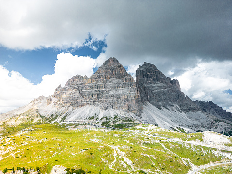 The Tre Cime di Lavaredo  are three distinctive battlement-like peaks, in the Sexten Dolomites of northeastern Italy. They are probably one of the best-known mountain groups in the Alps. The three peaks, from east to west, are: Cima Piccola, Cima Grande and Cima Ovest.
