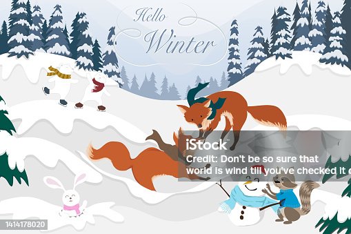 istock Postcard vector drawing of winter season, landscape of two Brown foxes playing on mountain covering by white snow with raccoon, snowman, rabbit, bears, blue pine on background 1414178020