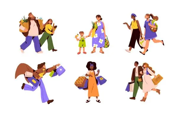 Vector illustration of Happy people buyers with shopping bags set. Men, women, children customers carrying purchases, groceries. Shoppers characters walk. Flat graphic vector illustrations isolated on white background