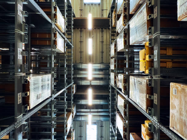 istock Industrial warehouse interior with shelves and pallets 1414178735