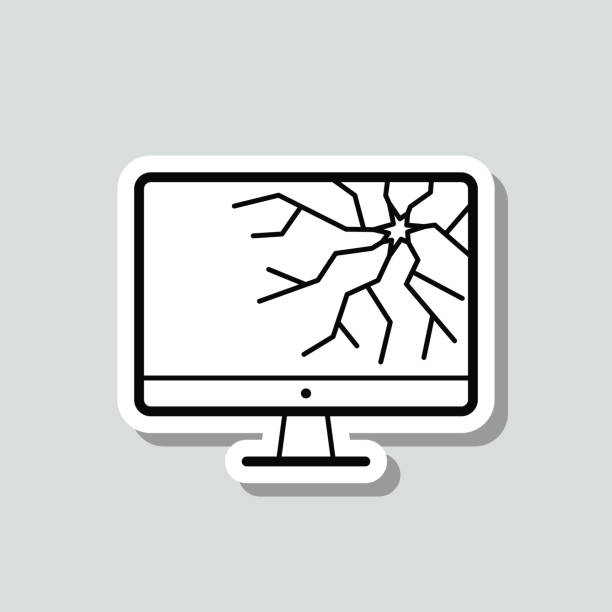 Desktop computer with broken screen. Icon sticker on gray background Icon of "Desktop computer with broken screen" on a sticker with a drop shadow isolated on a blank background. Trendy illustration in a flat design style. Vector Illustration (EPS file, well layered and grouped). Easy to edit, manipulate, resize or colorize. Vector and Jpeg file of different sizes. broken flat screen stock illustrations