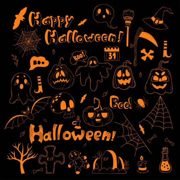 Vector illustration of Big collection Halloween. Jack pumpkin, ghost, spider web, grave, skull, witch hat, potion, broom and scythe. Vecto linear hand doodle. Isolated outline elements for decor, design and decoration.