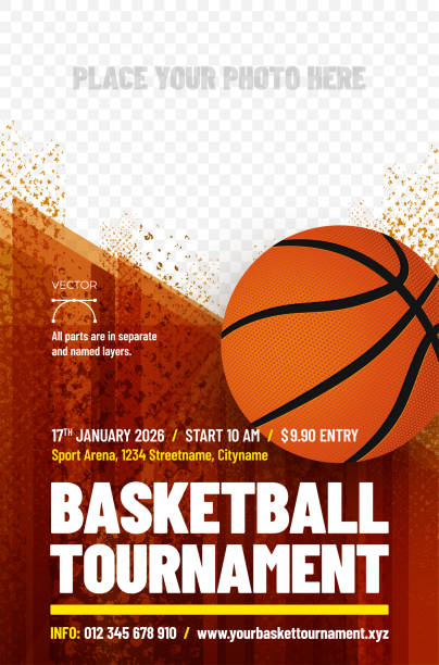 basketball-turnier-plakat-vorlage mit ball und platz für foto - basketball stock-grafiken, -clipart, -cartoons und -symbole