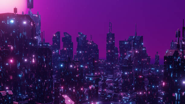 istock Downtown District Glowing Neon Town Wallpaper Background 3d Render 1414184312