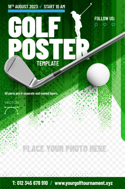 ilustraciones, imágenes clip art, dibujos animados e iconos de stock de plantilla de póster de golf con palo y pelota - golf