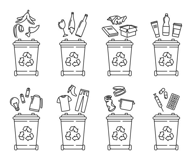ilustrações, clipart, desenhos animados e ícones de conjunto de lixeiras para reciclagem de diferentes tipos de resíduos. triagem e reciclagem de resíduos. ilustração vetorial - recycle paper