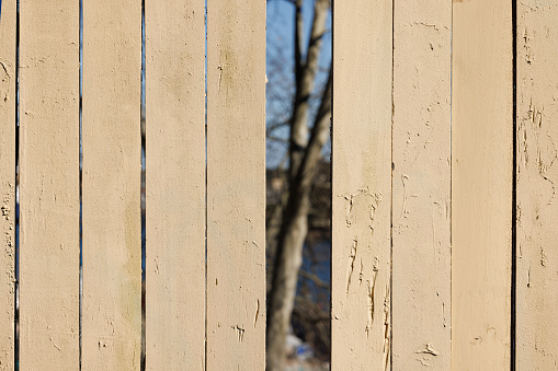 Close-up on an old wooden fence with a missing panel.