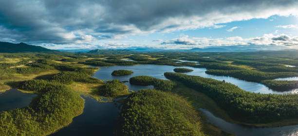 istock Sunset over lakes surrounded by green forest 1414186379