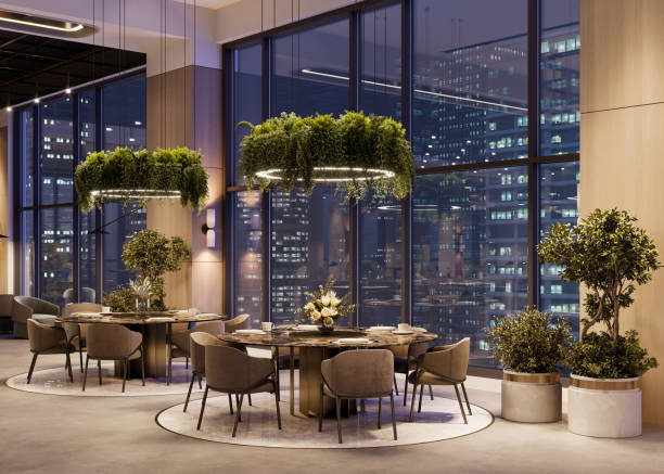 3D rendering of a luxurious restaurant interior 3D rendering of a luxurious restaurant interior. Computer generated image of interior of restaurant with furniture and city view through panoramic windows at night. green home decor stock pictures, royalty-free photos & images