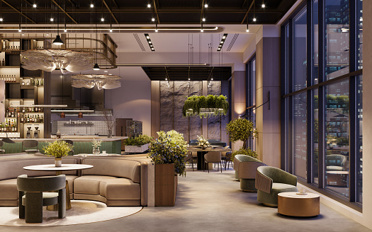3d rendering of a luxurious restaurant interior. Tables, sofas with hanging lights, and plants in a modern restaurant.