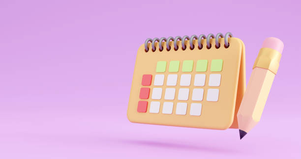 istock Line spring desk calendar and pencil on color background, 3d rendering 1414190384