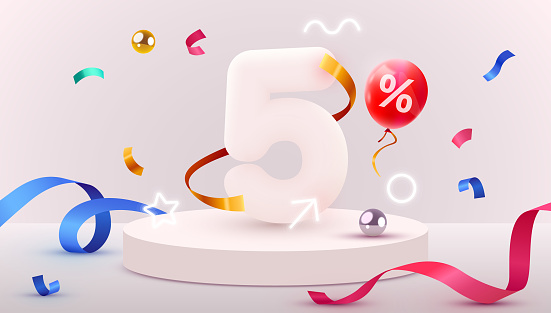 5 percent Off. Discount creative composition. 3d sale symbol with decorative objects, balloons, golden confetti, podium and gift box. Sale banner and poster. Vector illustration.