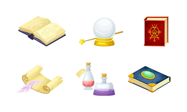 Magical Object and Witchcraft Equipment with Crystal Ball, Spellbook and Jar with Potion Vector Set Magical Object and Witchcraft Equipment with Crystal Ball, Spellbook and Jar with Potion Vector Set. Magic and Alchemy Element for Wizardry and Sorcery Concept bewitchment stock illustrations