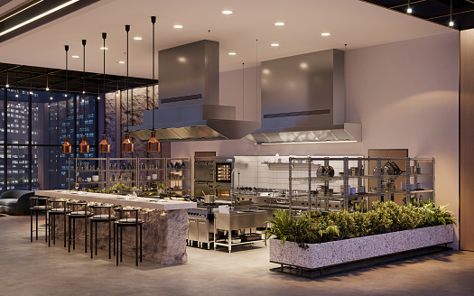 3d image of restaurant with high chairs at counter along the kitchen. Luxurious hotel restaurant kitchen with plants.