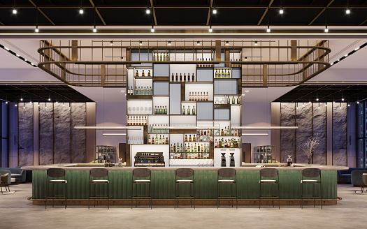 Computer generated image of large restaurant bar with bar stools in front of bar counter. 3d render of a luxury hotel bar.