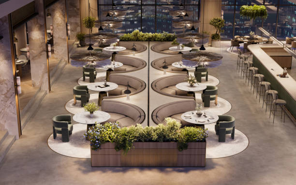 istock 3d rendering of large luxurious hotel restaurant 1414193084