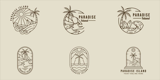 ilustrações de stock, clip art, desenhos animados e ícones de set of palm tree  line art vector simple minimalist illustration template icon graphic design. bundle collection of various island and beach sign or symbol for travel adventure outdoors business - wave island palm tree sea