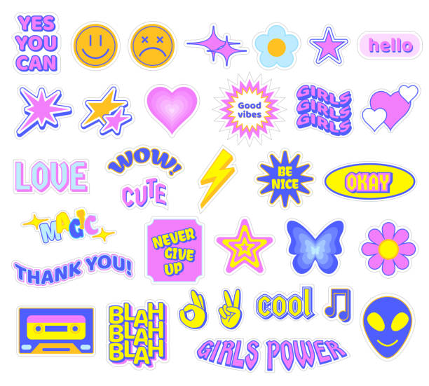 Trendy Y2K stickers. Cute girly patches, butterfly and glamour heart symbols. Retro stars, flowers and smiles vector set Trendy Y2K stickers. Cute girly patches, butterfly and glamour heart symbols. Retro stars, flowers and smiles vector set. Colorful elements as emoticons, alien, cassette and lightning the millennium stock illustrations